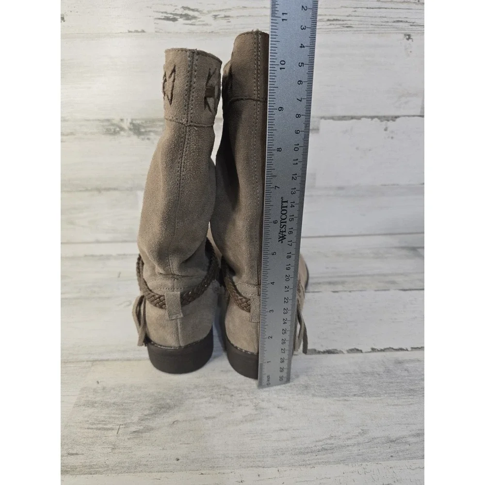 Very Volatile Womens 8.5 Taupe Suede Mid-Calf Boho Boots‎ Braided Tassel Accent